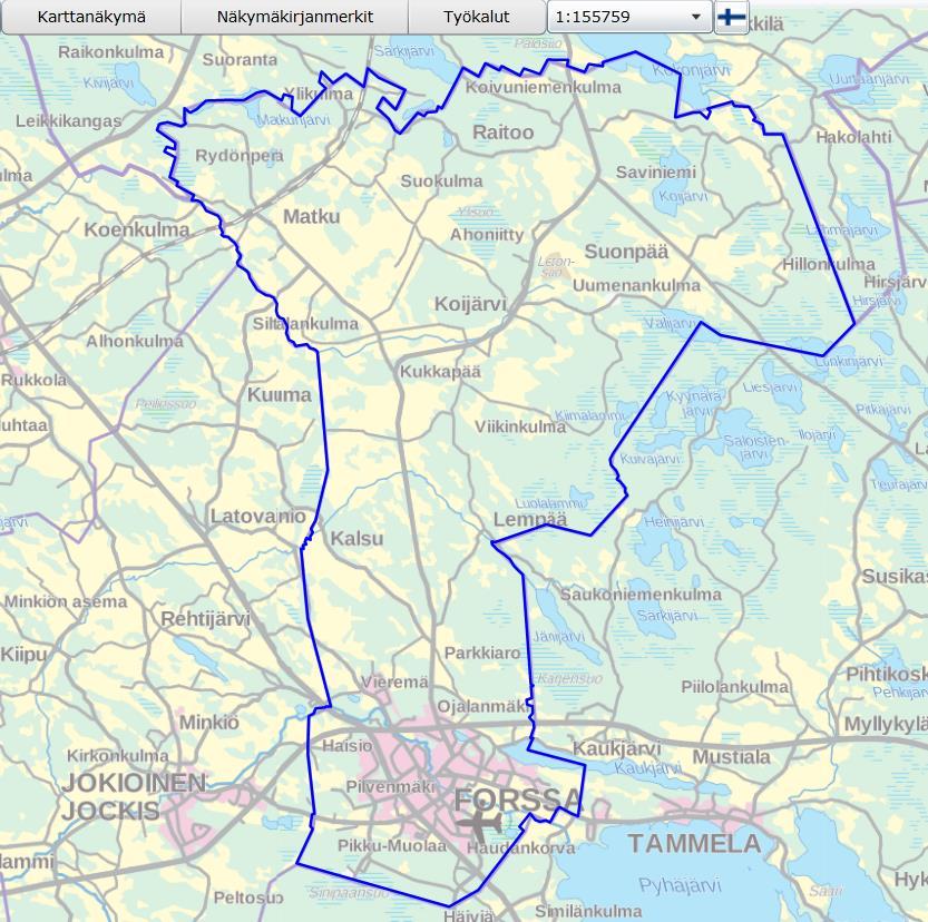 Kuva 4-39. Hae kunta -toiminto, jonka avulla kartta kohdistuu halutun kunnan alueelle. 4.6.3.5. Hae maakunta Hae maakunta -toiminnon avulla voi hakea maakuntaa sen nimen perusteella.