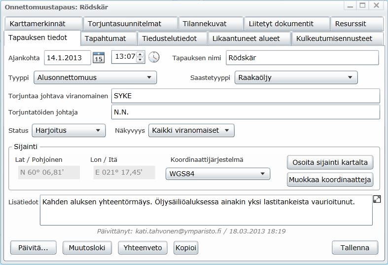 Kuva 4-43. Onnettomuustapaus-ikkuna, Tapauksen tiedot -välilehti. 4.7.1. Yleisiä Onnettomuustapaus-ikkunan toimintaperiaatteita Onnettomuustapaus-ikkuna koostuu useista välilehdistä.