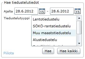 Hae-linkkiä klikatessa esiin tulee Hae tiedustelutiedot -osio, jossa on ikkunan tietoihin liittyviä hakuehtoja (Kuva 4-45). Hae-osion saa kiinni klikkaamalla vasemmasta alakulmasta Piilota-nappia. 4.7.