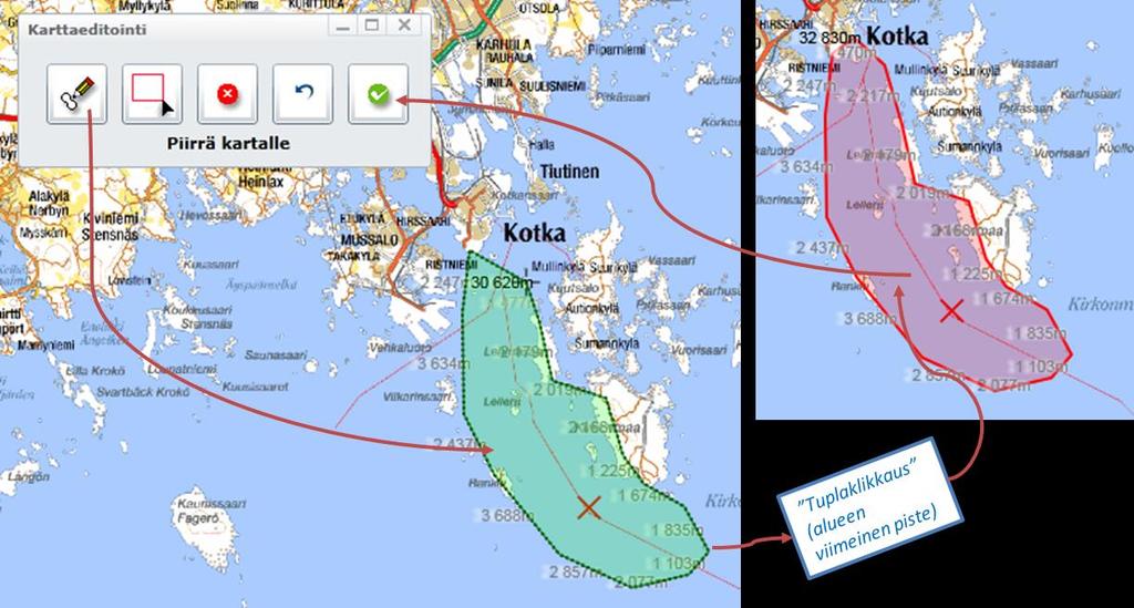 Karttaeditointi-työkalusta klikataan Piirrä kartalle -nappia, jonka jälkeen kartalle piirretään haluttu alue sen kulmapisteet klikkaamalla. Alue sulkeutuu tuplaklikkaamalla.