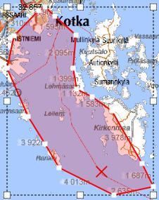 alue automaattisesti kartalta. Kuva 4-54). Muokkaus-työkalu. Hiirellä voi vetää kutakin valkoisella merkittyä alueen pistettä.