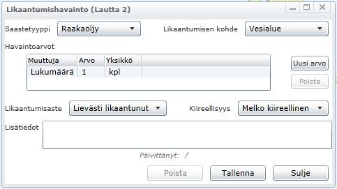 7. Täytä lomakkeeseen haluamasi tiedot (Kuva 4-58). Kuva 4-58. Likaantumishavaintojen lisätietojen lisääminen. 8.