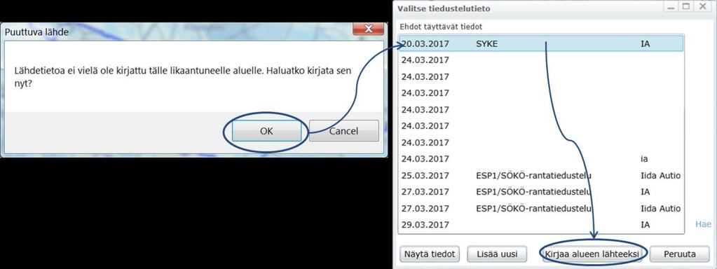 -painikkeen kautta voi tarkastella likaantuneeseen alueeseen liittyvää tiedustelutietoa.