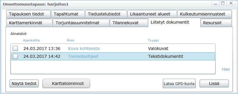 Mikäli käyttäjä haluaa lisätä likaantuneita alueita, sen voitehdä klikkaamalla Likaantuneet alueet -välilehdeltä -painiketta. Tämän jälkeen likaantuneen alueen lisääminen tapahtuu seuraamalla luvun 4.