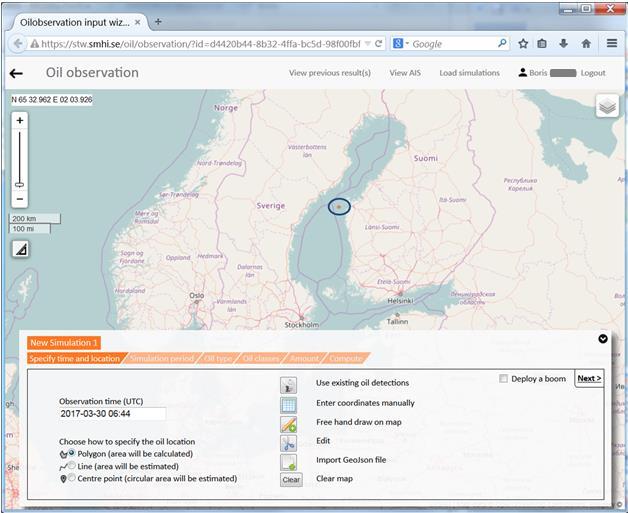 Kuva 4-77. SeaTrackWeb-ohjelman ikkuna, jossa BORIS-järjestelmästä luettu likaantunut alue on esitettynä. 7. SeaTrackWeb-sivun alalaidassa on välilehtiä sisältävä osio.