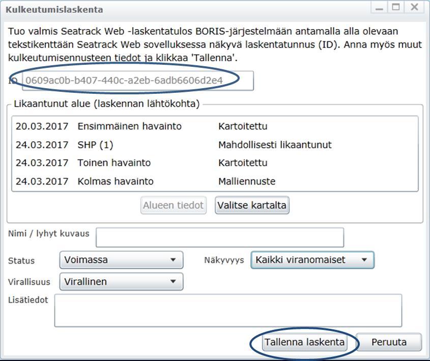 Kuva 4-81. SeaTrackWeb-laskennan tallentaminen BORIS-karttasovellukseen.