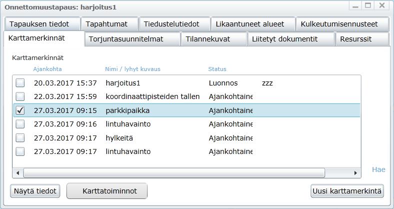 Kuva 4-83. Karttamerkinnät-välilehti. Esimerkkejä karttamerkeistä voisi olla vaikkapa epävirallisen parkkipaikan lisääminen muiden käyttäjien tiedoksi.