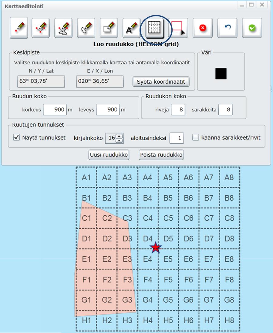 Ruudukko lisätään kartalle valitsemalla Luo ruudukko (HELCOM grid) -työkalu Karttaeditointi-ikkunasta. Työkalun valitsemisen jälkeen täytetään halutut tiedot Karttaeditointi-ikkunaan.