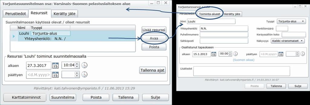 Torjuntasuunnitelman osa -ikkunassa (Kuva 4-91) on yhteensä kolme välilehteä: Perustiedot, Resurssit ja Kerätty jäte.