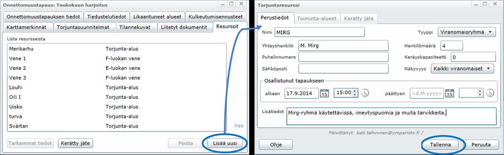 Torjuntaresurssi-ikkunan toisella välilehdellä on listattu ne Toiminta-alueet, jolle resurssi on määrätty. Kerätty jäte -välilehdellä taas on tietoja kerätyn jätteen määrästä. 4.7.10.2.