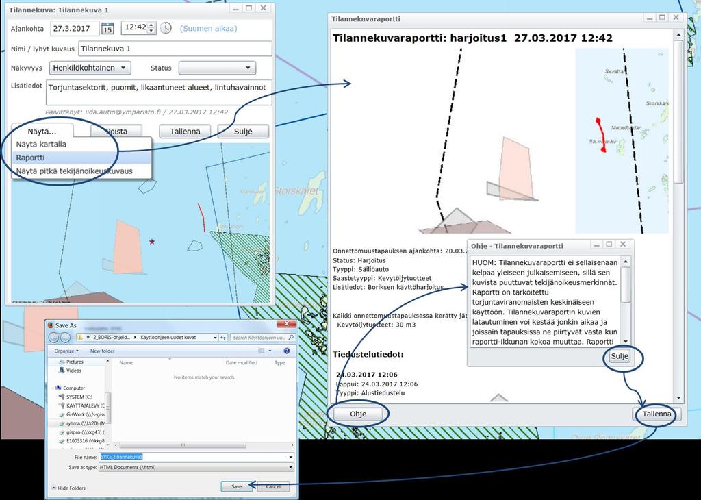 Kuva 4-108. Tilannekuvaraportin tallentaminen. Oletusarvoisesti raportti tallennetaan nettisivuna (html), johon kuvat haetaan BORIS-järjestelmästä.