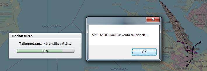 Jo tallennettuja SpillMod-laskentoja voi tarkastella Kulkeutumisennuste-välilehden kautta samaan