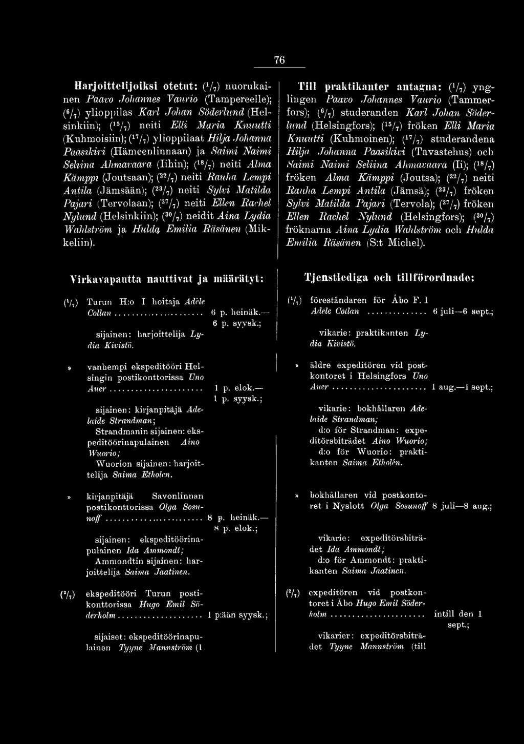 Hilja Johanna Paasikivi (Tavastehus) och Saimi Naimi Seliina Ahmavaara (li); (18/7) fröken Alma Kämppi (Joutsa); (22/7) neiti Rauha Lempi Antila (Jämsä); (23/7) fröken Sylvi Matilda Pajari (Tervola);