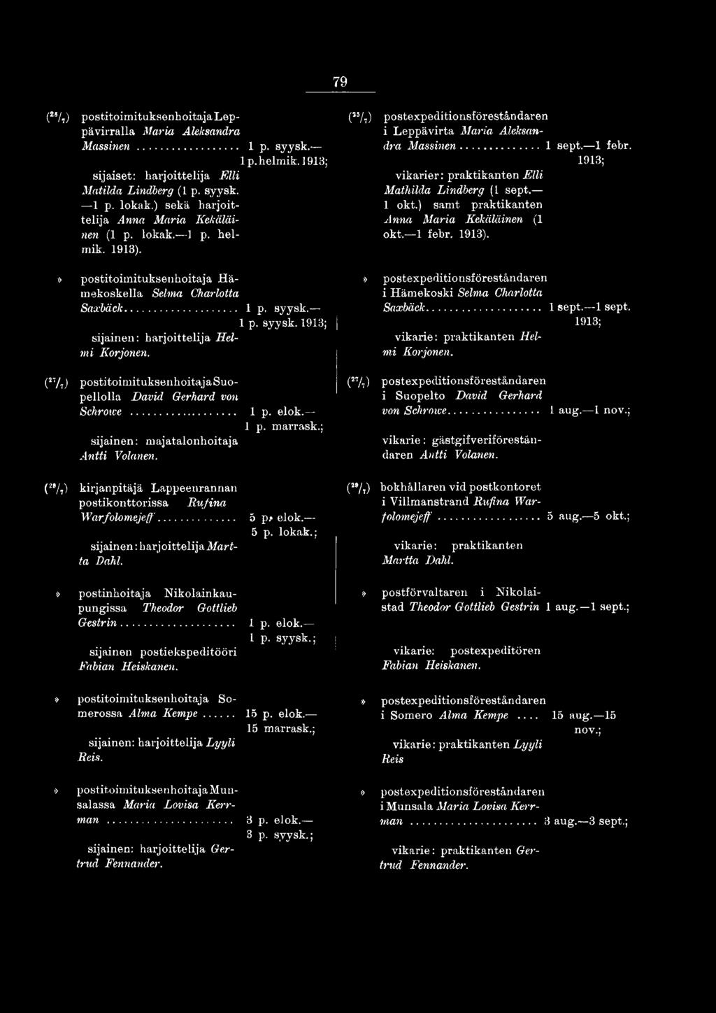 ) samt praktikanten Anna Maria Kekäläinen (1 okt. 1 febr. 1913). i Hämekoski Selma Charlotta Saxbäck... 1 sept. 1 sept. 1913; vikarie: praktikanten Helmi Korjonen.