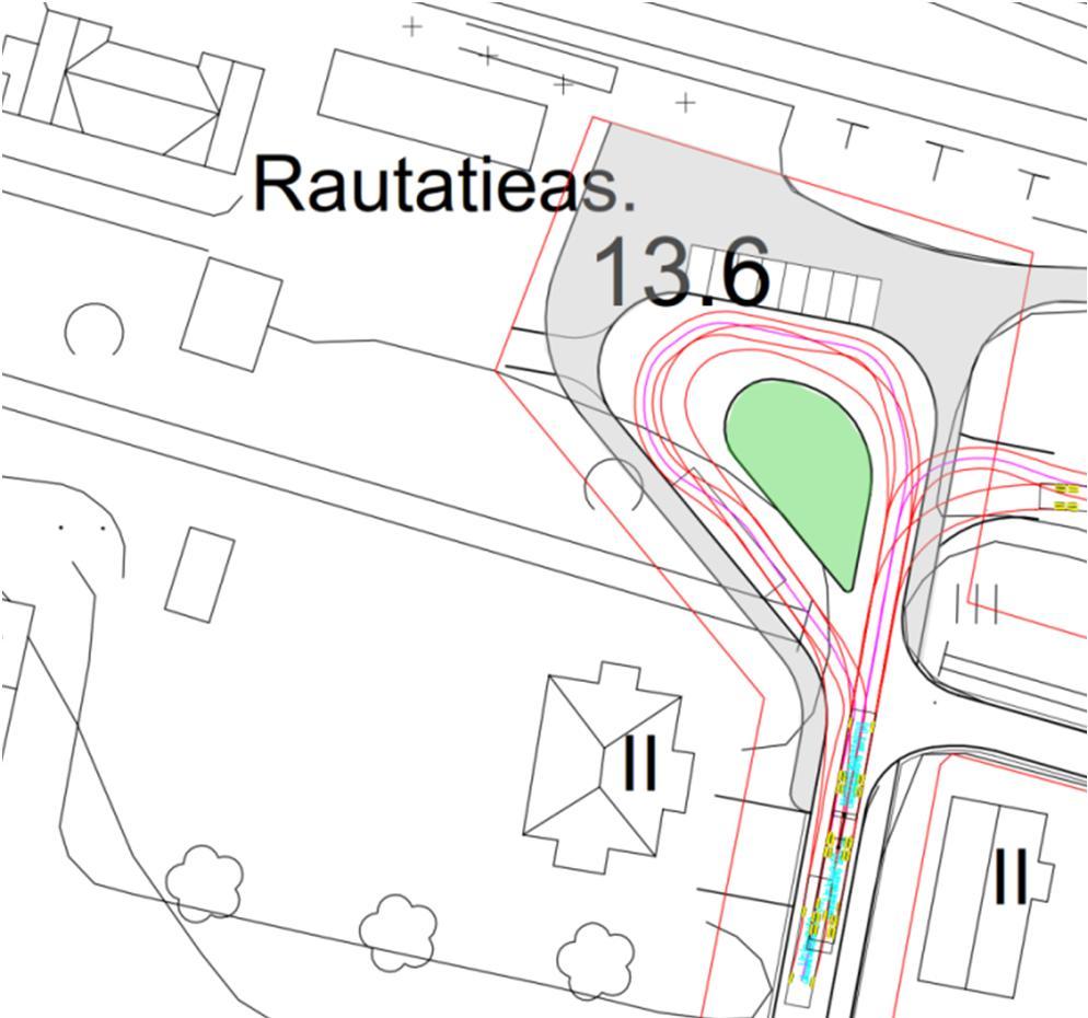 Liittymäalueilla on huomioitu moduuliyhdistelmän ääntösäde (uva ). Kääntöpaiat on mitoitettu uorma-auton ääntösäteellä. Asemaaavaa varten laadittu liiennesuunnitelma on esitetty liitteessä.