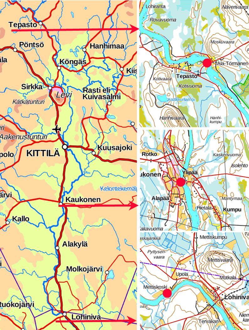 Ounasjoen piilevänäytteiden ottopaikat. Uoman lev. P-koord. I-koordin. Näytesyv. Virtausm ETRS-TM35FIN cm nop.