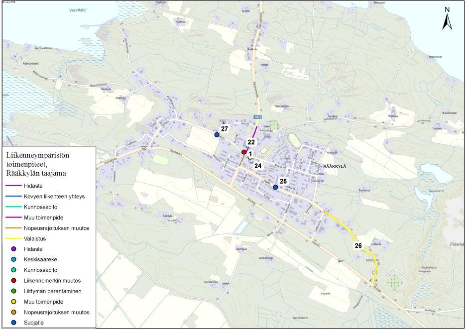 Rääkkylä, taajama Nro Sijainti Tieosoite (tie/osa/etäisyys) Pituus (m) Toimenpide Kustannukset (1000 ) Onnettomuusvähenemä (heva) Tehokkuus (heva/m /v) Kiireellisyysluokka Vastuutaho Toteutettu 21 Mt