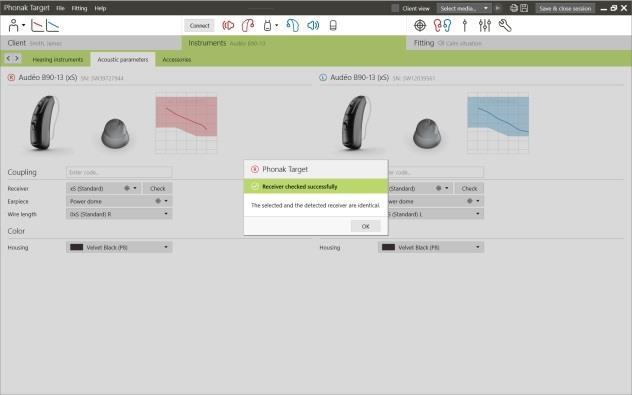 Kuulokkeen tarkastus Phonak Target tarkastaa, vastaako Audéo B -kojeisiin liitetty kuuloke [Akustiset parametrit] -ruudussa valittuja tietoja, kun kojeet liitetään ensimmäisen kerran.