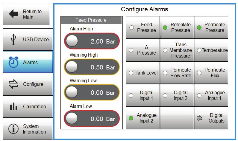 8 Settings 8.2 Configure Alarms -näyttö Järjestelmän hälytysparametrien määrittäminen Alla olevassa esimerkissä näytetään miten Alarm High -arvo asetetaan syöttöpaineelle.