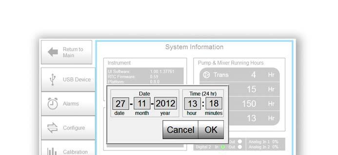 8 Settings 8.5 System Information -näyttö Vaihe 4 Toimi Napauta Date kenttiä date, month ja year määrittääksesi päivämäärän, ja Time (24 hr) kenttiä hour ja minutes määrittääksesi ajan.