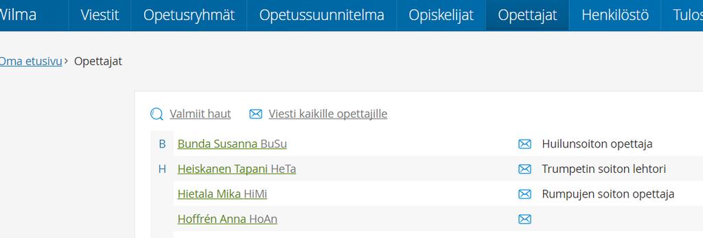 Sivu 5 / 14 Opettajan nimen perässä on hänen lyhenteensä. Lyhenteen perässä on viestikuvake, jos opettajalle voi lähettää viestin Wilmassa.