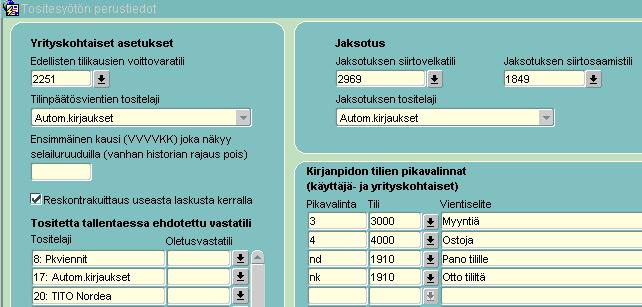 Tilikauden tulos voidaan siirtää automaattisesti seuraavan tilikauden alkuun kirjauksena. Tämä määritys tehdään kirjanpidon tositesyötön perustiedoissa.