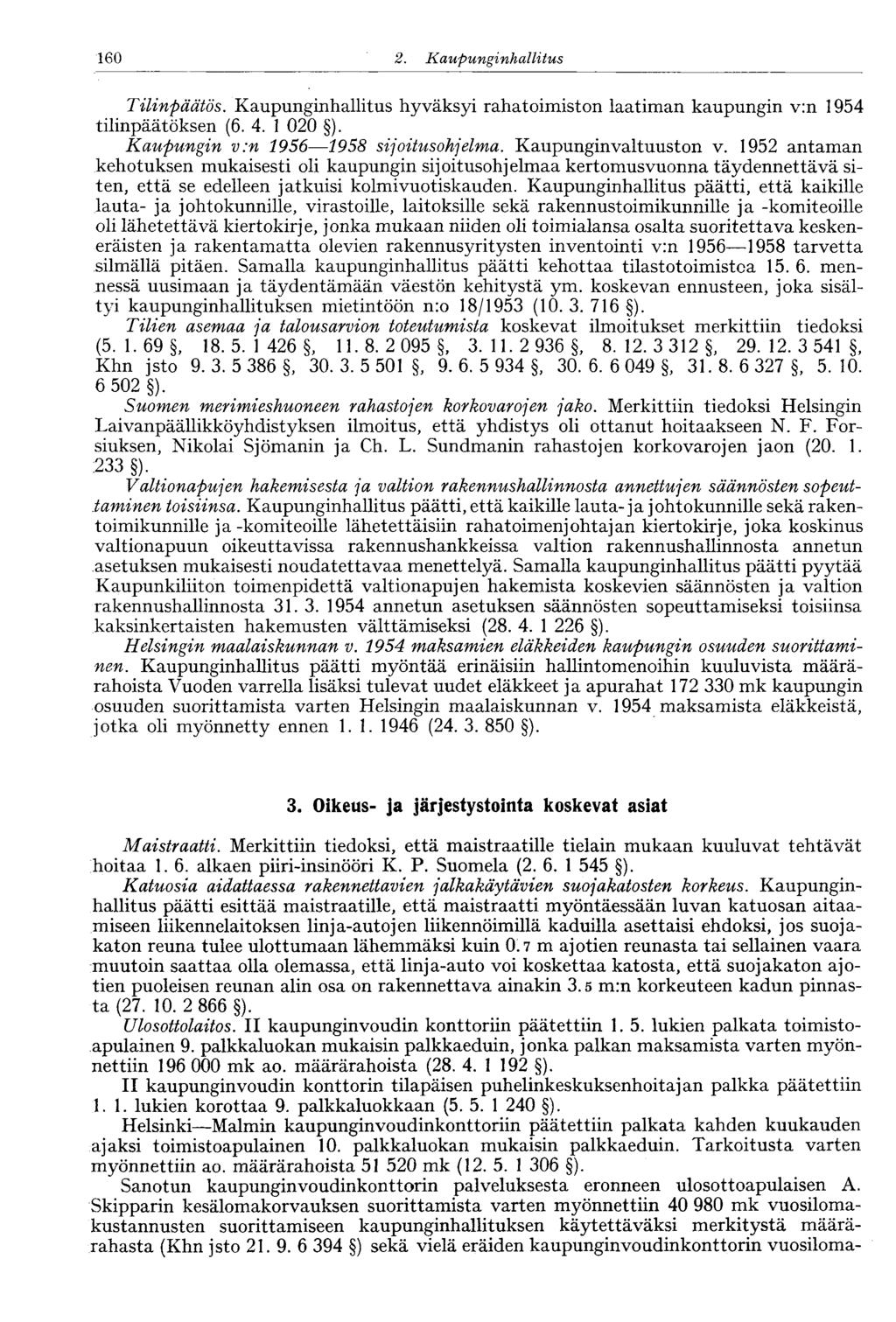 160 2. Kaupunginhalli tus Tilinpäätös. Kaupunginhallitus hyväksyi rahatoimiston laatiman kaupungin v:n 1954 tilinpäätöksen (6. 4. 1 020 ). Kaupungin v:n 1956 1958 sijoitusohjelma.