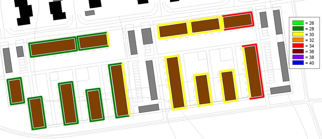 Tie ja raideliikennemeluselvitys Kissankulma, Kissankellotie 1 3 ja 5 7, Oulu. Kuva 2. Julkisivujen ääneneristävyysvaatimukset rakennuksilla.