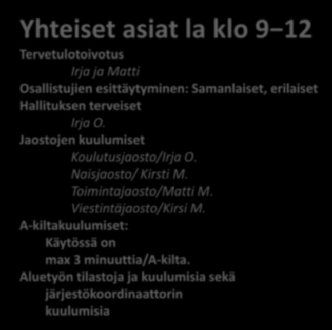 Yhteiset asiat la klo 9 12 Tervetulotoivotus Irja ja Matti Osallistujien esittäytyminen: