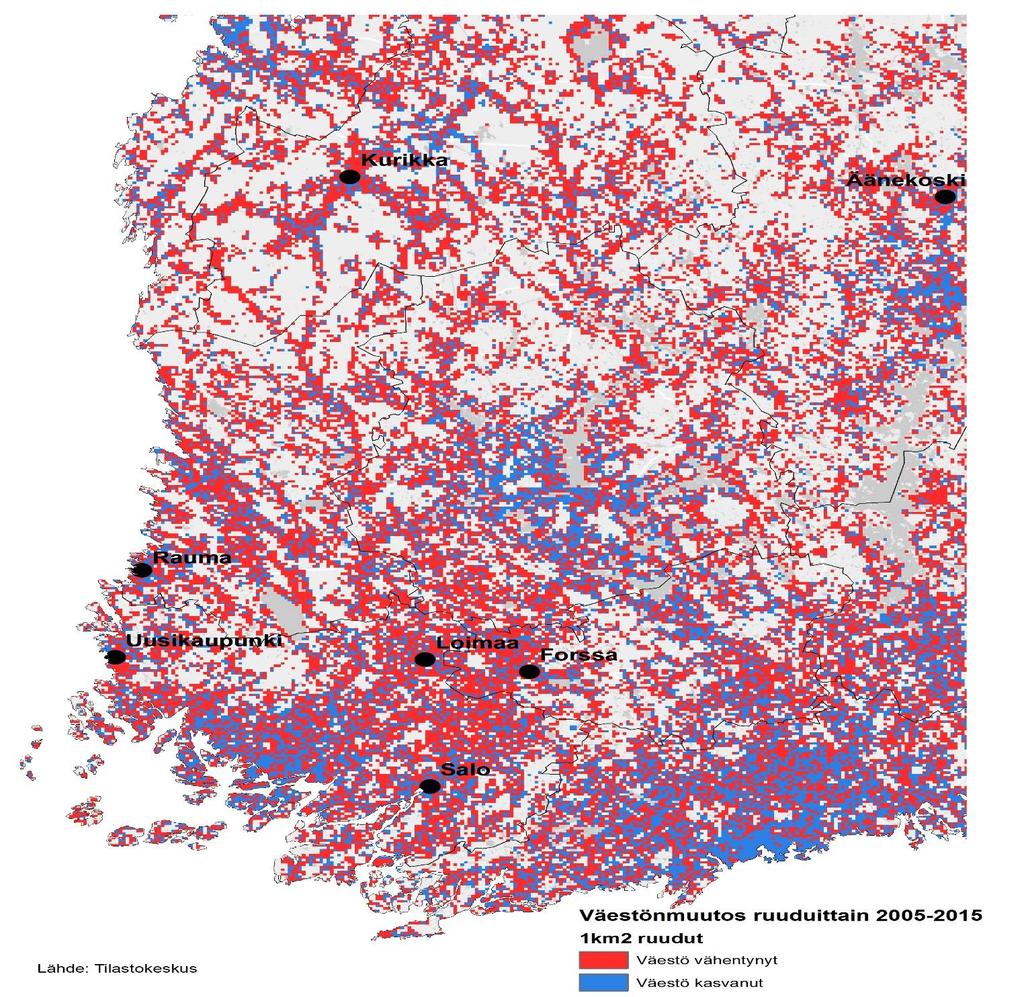 VÄESTÖN KASVU JA VÄHENEMINEN 1 X 1 KM