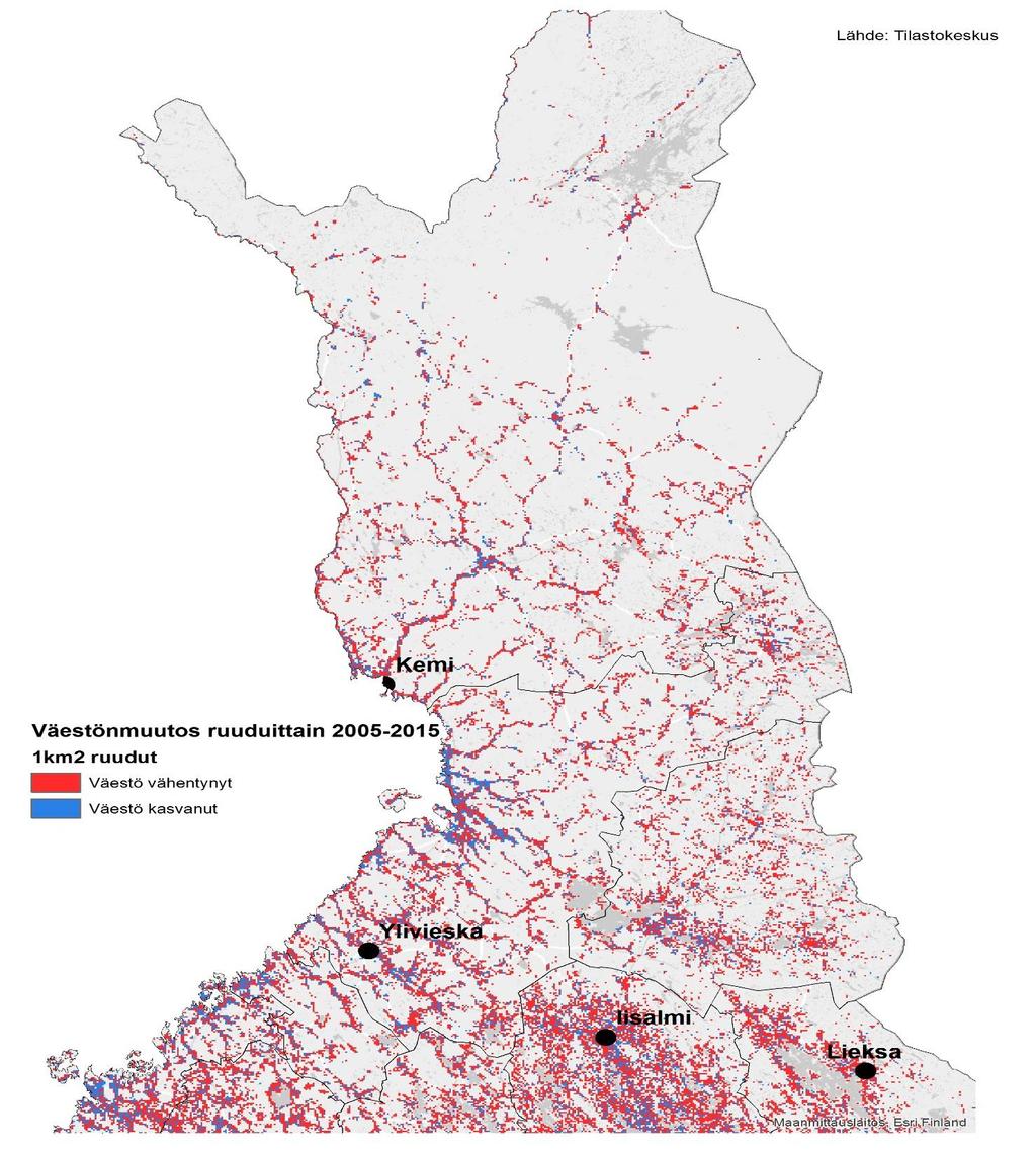 VÄESTÖN KASVU JA VÄHENEMINEN 1 X 1 KM