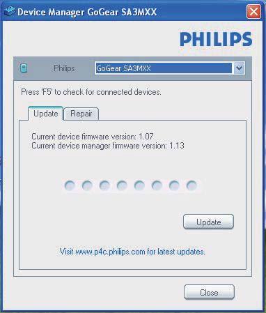 9 Päivitä laiteohjelmisto Philips Device Manager -ohjelmalla 3 Liitä MINI tietokoneeseen.» Kun laite liitetään, tekstiruutuun tulee "SA4MINXX".» Näet laitteen käytössä olevan laiteohjelmistoversion.