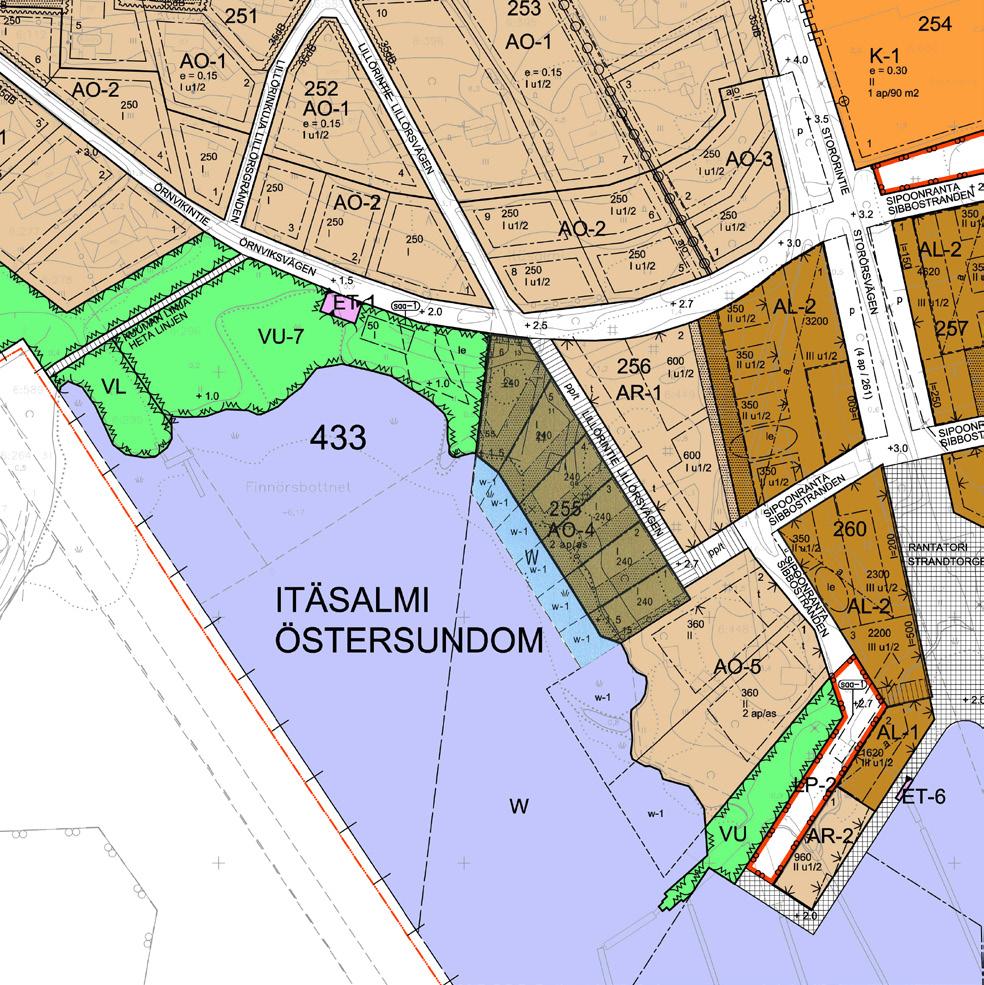 Ote alueen ajantasa-asemakaavasta. Kaavamuutosalueen rajaus on esitetty kartalla mustalla. Utdrag ur detaljplanesammanställning. Planändringsområdet preliminära avgränsning anges på kartan med svart.