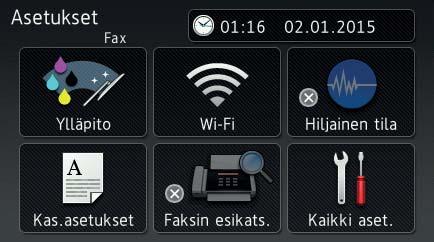 Yleisiä tietoja Asetukset-näyttö Kun painat, nestekidenäytössä näkyy laitteen tila. Tästä näytöstä voidaan siirtyä kaikkiin laitteen asetuksiin.