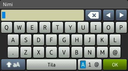 Luku Tekstin syöttäminen Kun laitteeseen on kirjoitettava tekstiä, näppäimistö avautuu kosketusnäyttöön. Voit vaihdella kirjainten, numeroiden ja erikoismerkkien välillä painamalla.