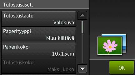 Luku 7 l Vaihda paperityyppi ja paperikoko painamalla Tulostusaset. Pyyhkäise ylös tai alas tai paina a tai b, kunnes näytössä on Paperityyppi. Paina sitä ja paina sitten haluamaasi valintaa.