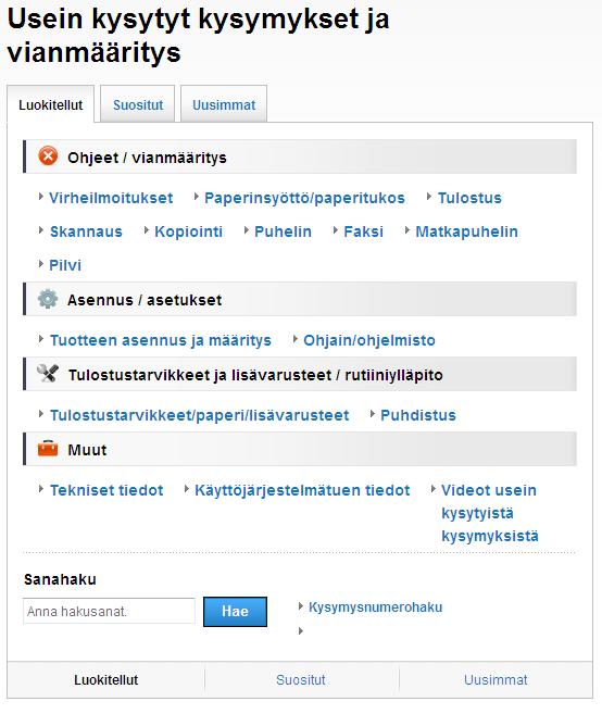 Jos kysymyksiä ilmenee, tutustu mallisi usein kysyttyihin kysymyksiin. Mahdollistaa haun useilla eri tavoilla. Näyttää aiheeseen liittyvät kysymykset lisätietojen antamiseksi.