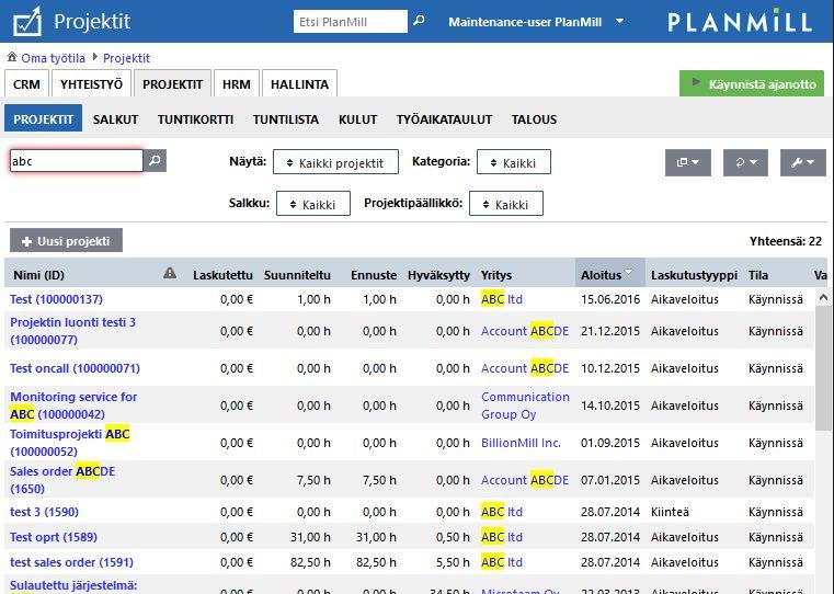 Listanäkymät Vanhassa käyttöliittymässä suodattimet olivat aina näkyvissä listanäkymän yläosassa.