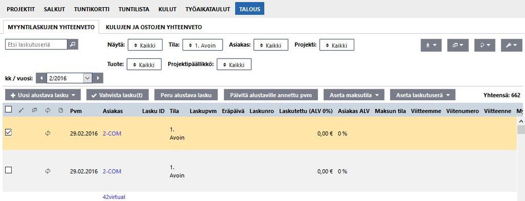 Talousnäkymä, laskut ja kulut Laskun käsittelyyn liittyvät toiminnot