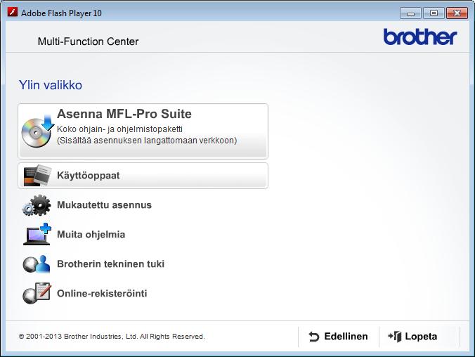 Yleisiä tietoja a Käynnistä tietokone. Aseta Brother CD-ROM -levy CD-ROM-asemaan. VINKKI Jos Brother-näyttö ei avaudu automaattisesti, valitse Tietokone tai Oma tietokone.