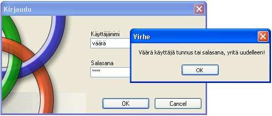 Käyttäjä syöttää käyttäjänimitiedon ja salasanan, jonka jälkeen ohjelma tarkistaa, löytyykö tietokannasta käyttäjää