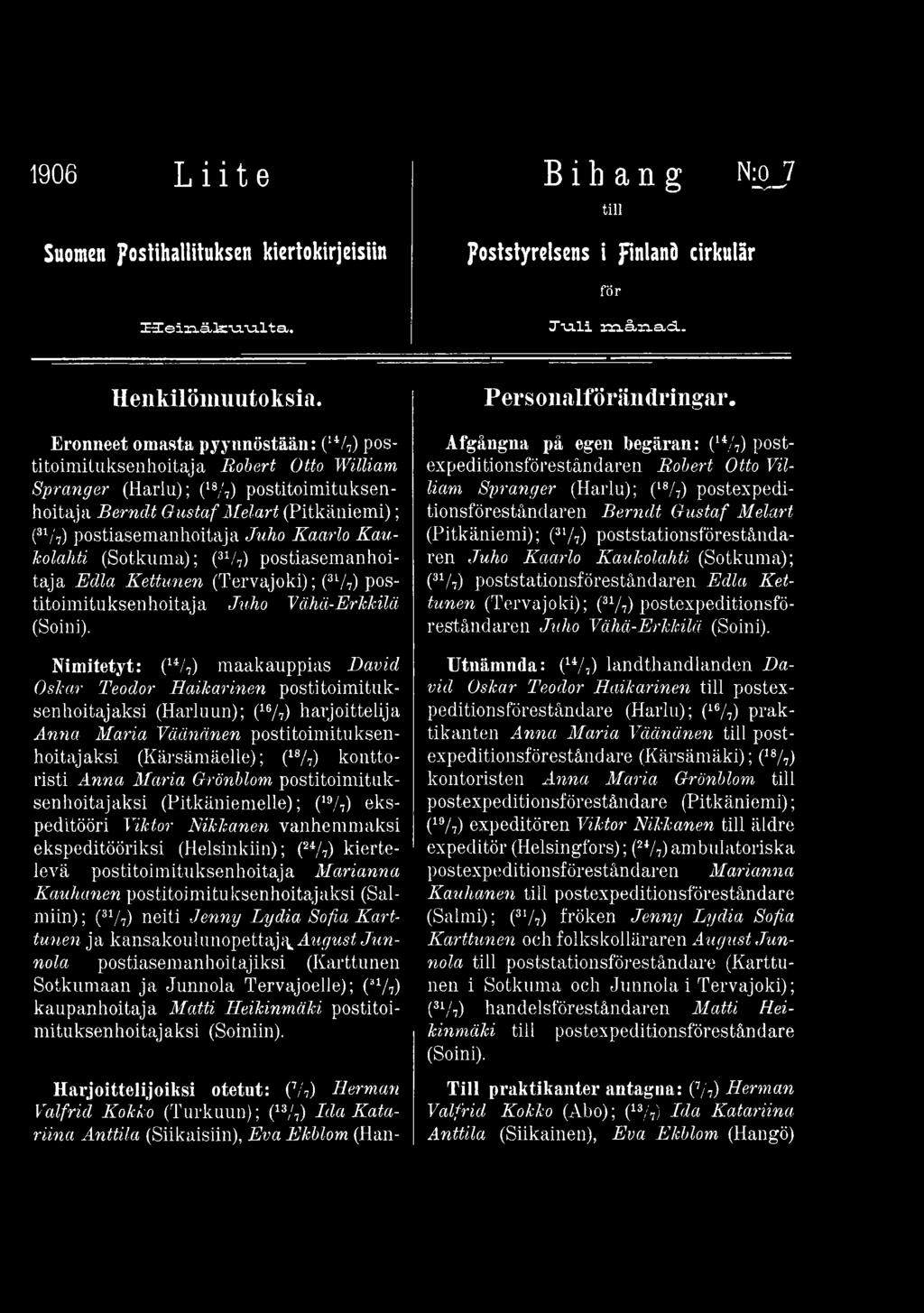 Anna Maria Grönblom postitoimituksenhoitajaksi (Pitkäniemelle); (19/7) ekspeditööri Viktor Nikkanen vanhemmaksi ekspeditööriksi (Helsinkiin); (24/7) kiertelevä postitoimituksenhoitaja Marianna