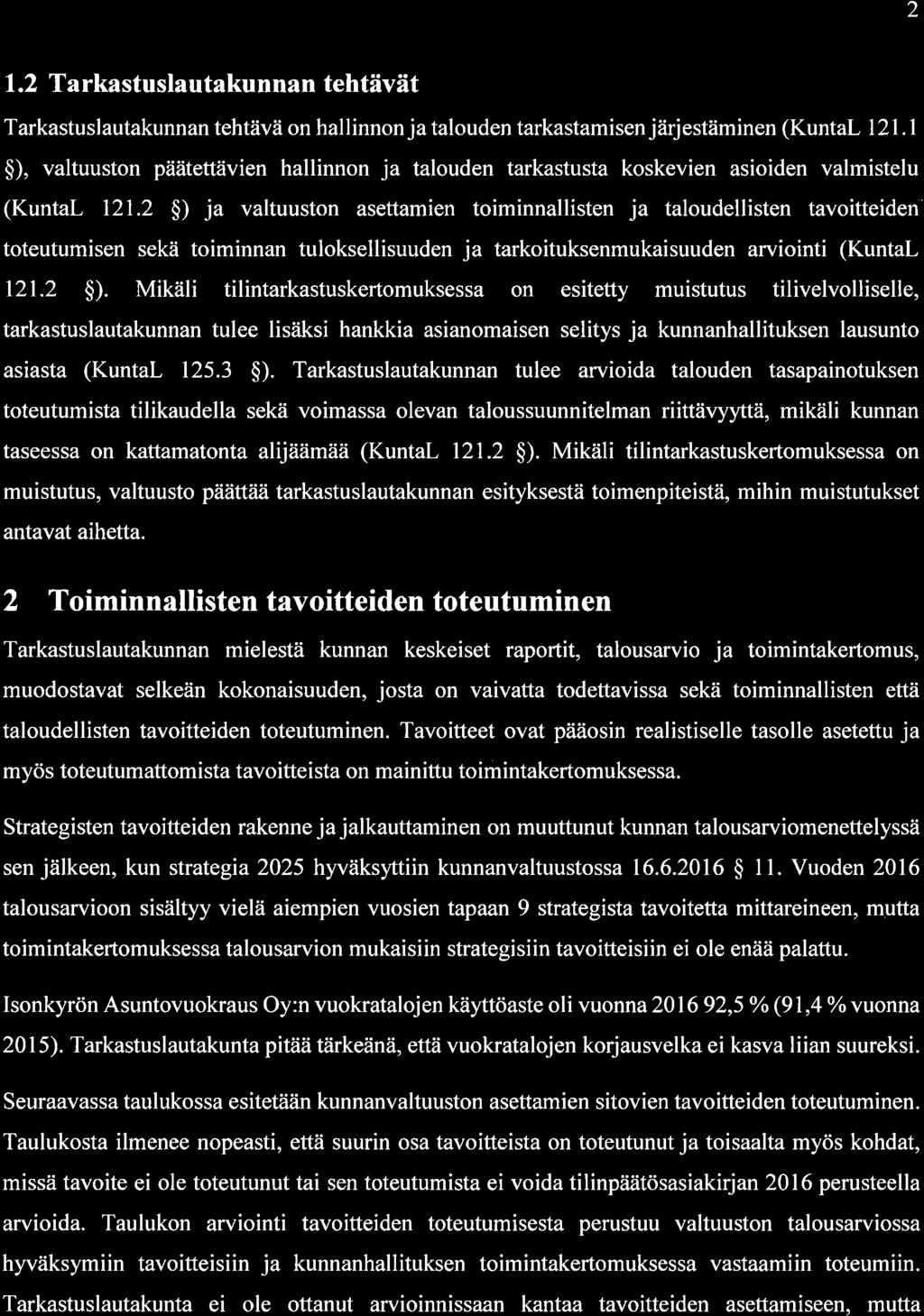 2 1.2 T arl<astuslautakunnan tehtävät Tarkastuslautakunnan tehtävä n hallinnn ja taluden tarkastamisen järjestäminen (KuntaL l2l.