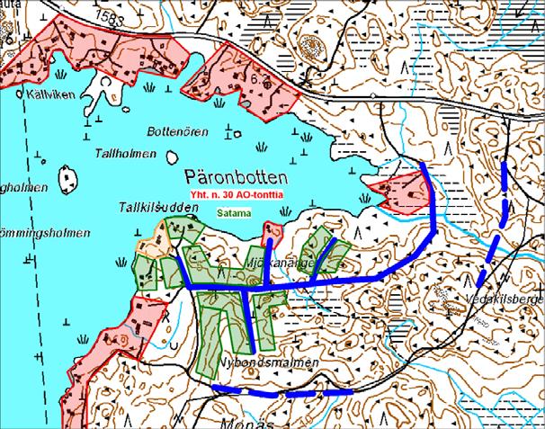 Kuva 9.3 Pärombottenin eteläpuolinen asuinaluevaihtoehto. Koska kaava-alueen rannat on täyteen rakennettuja, esitetyt vaihtoehdot mahdollistavat pientaloalueiden muodostumisen vain taustamaastoon.