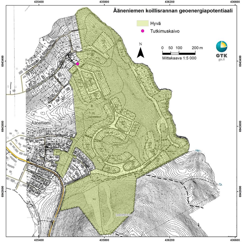 Ääneniemen koillisrannan lopullinen geoenergiakartta on esitetty kuvassa 10. Kaava-alue on georeferoitu pohjakartan päälle. Kartasta toimitetaan tilaajalle sähköinen versio mittakaavassa 1:5 000.