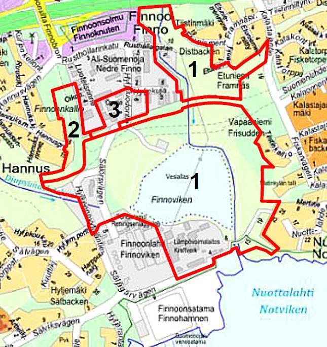 Kuva 1-1. Finnoon kaava-alueiden rajat. 1. Finnoon keskus, 2. Finnoonkallio, 3. Matroonankatu. (Lähde: Espoon kaupunki 2015).