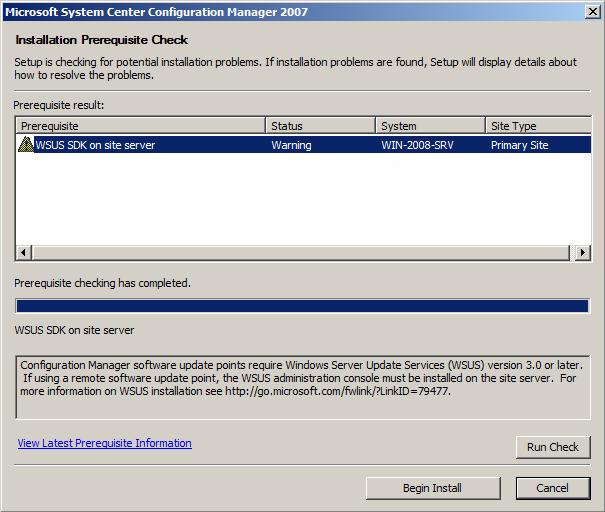 33 Kuva 10. Installation Prerequisite Check sivulla tarkistetaan että kaikki edellytykset Configuration Managerin asennukselle täyttyvät.