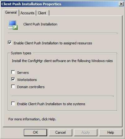 43 Client Push Installation Properties -laatikossa (kuva 25) valitaan Enable Client Push Installation to assigned resources ja System types -kehyksestä Workstations.