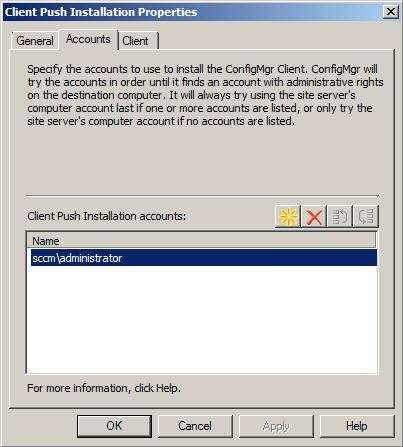 44 Kuva 26. Client Push Installation -tiliksi asetetaan sccm\administrator.