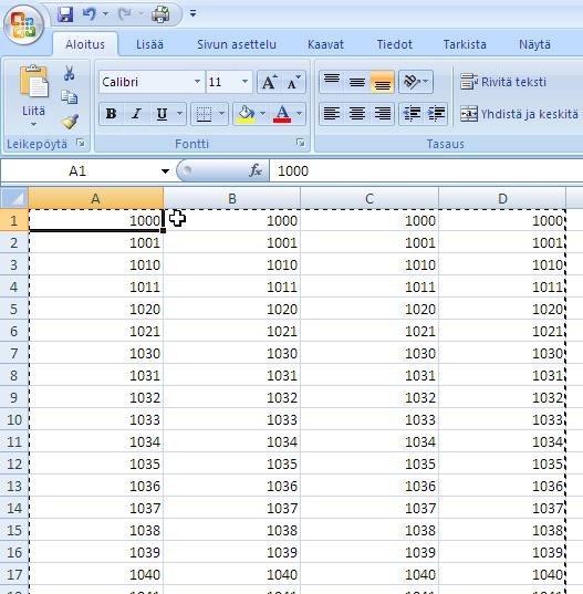 Esimerkki Excel-taulukosta, jonka vierekkäisissä sarakkeissa on konserni- ja tytäryritysten tilinumerot.